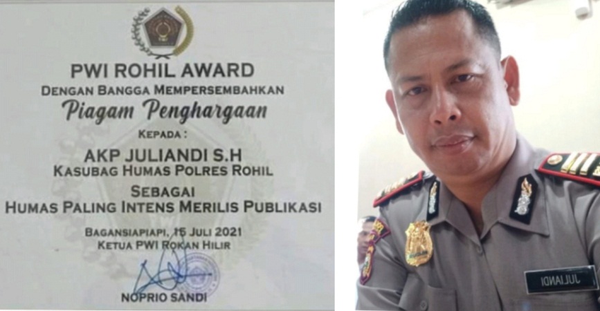 Kasubbag Humas Polres Rohil AKP Juliandi SH Mendapat Perhargaan dari PWI Reward