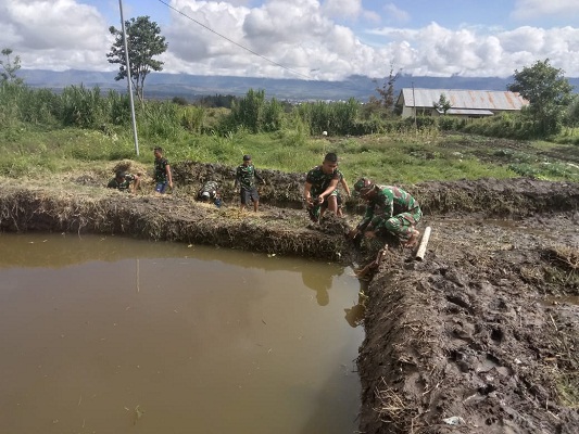 Satgas Kodim Yalimo Yonif RK 751/VJS Menyulap Lahan Kosong Jadi Kolam Ikan