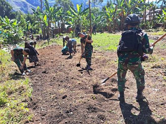 Kedekatan Satgas Pamtas Yonif Raider 142/KJ dan Warga Masyarakat Tolikara Saat Perluasan Jalan