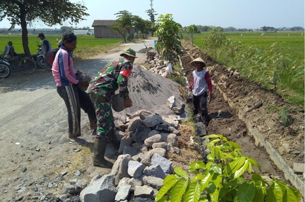 Babinsa Ngemplak Bersama Warga Bangun Talud di Persawahan Desa Dibal Kecamatan Ngemplak